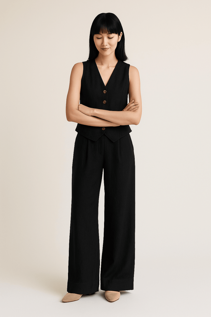 Womens Linen Vest and Wide-Leg Trousers Set