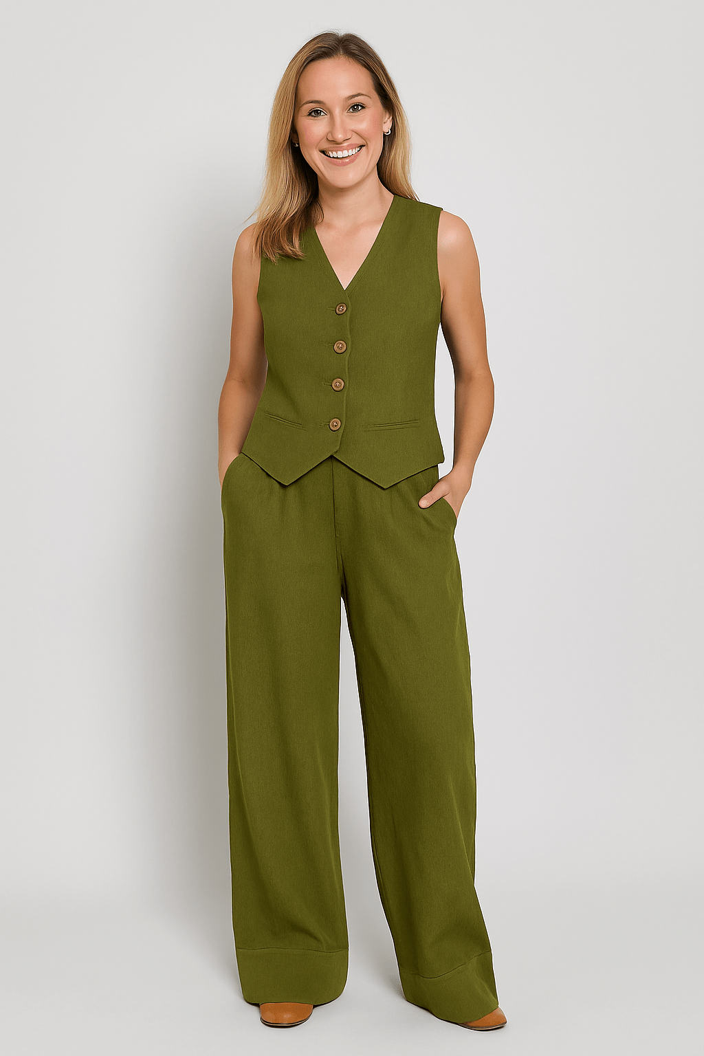 Womens Linen Vest and Wide-Leg Trousers Set
