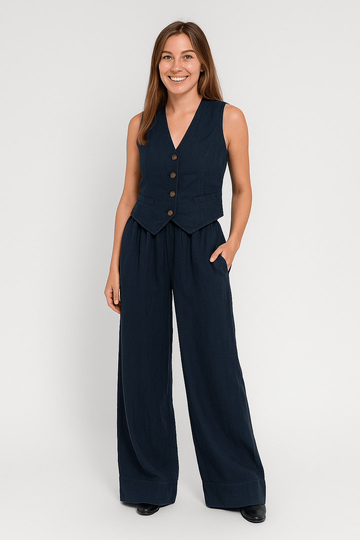 Womens Linen Vest and Wide-Leg Trousers Set