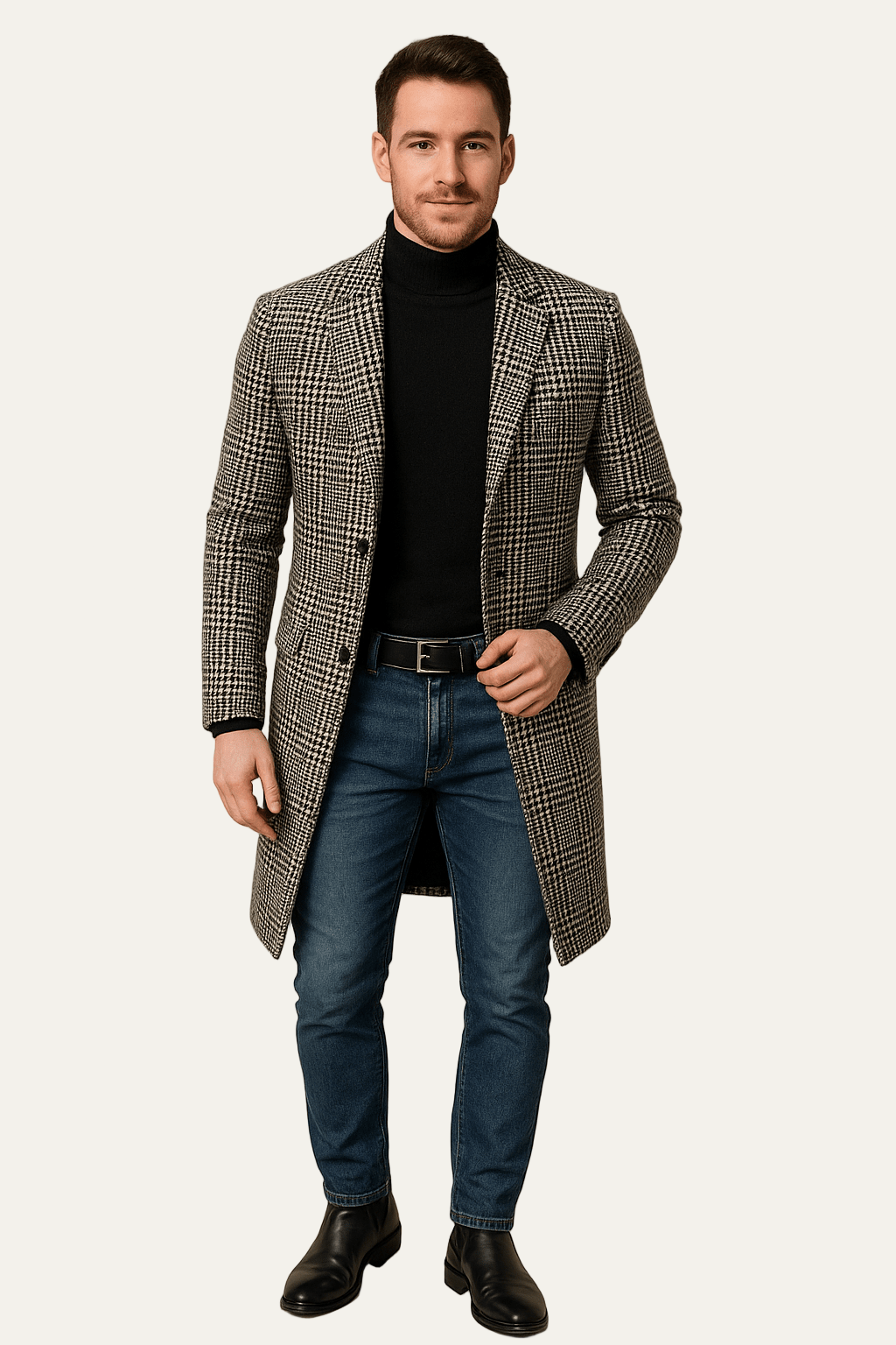 Mens Trench Coat Mid-Length Checked Pattern Classic Fit - BritishMode