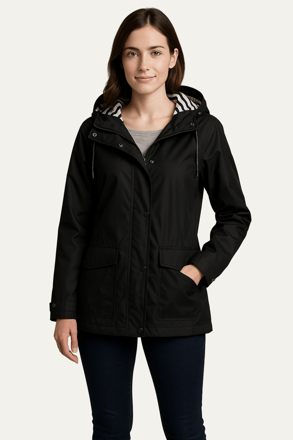 Womens Mid-Length Raincoat Waterproof Detachable Hood