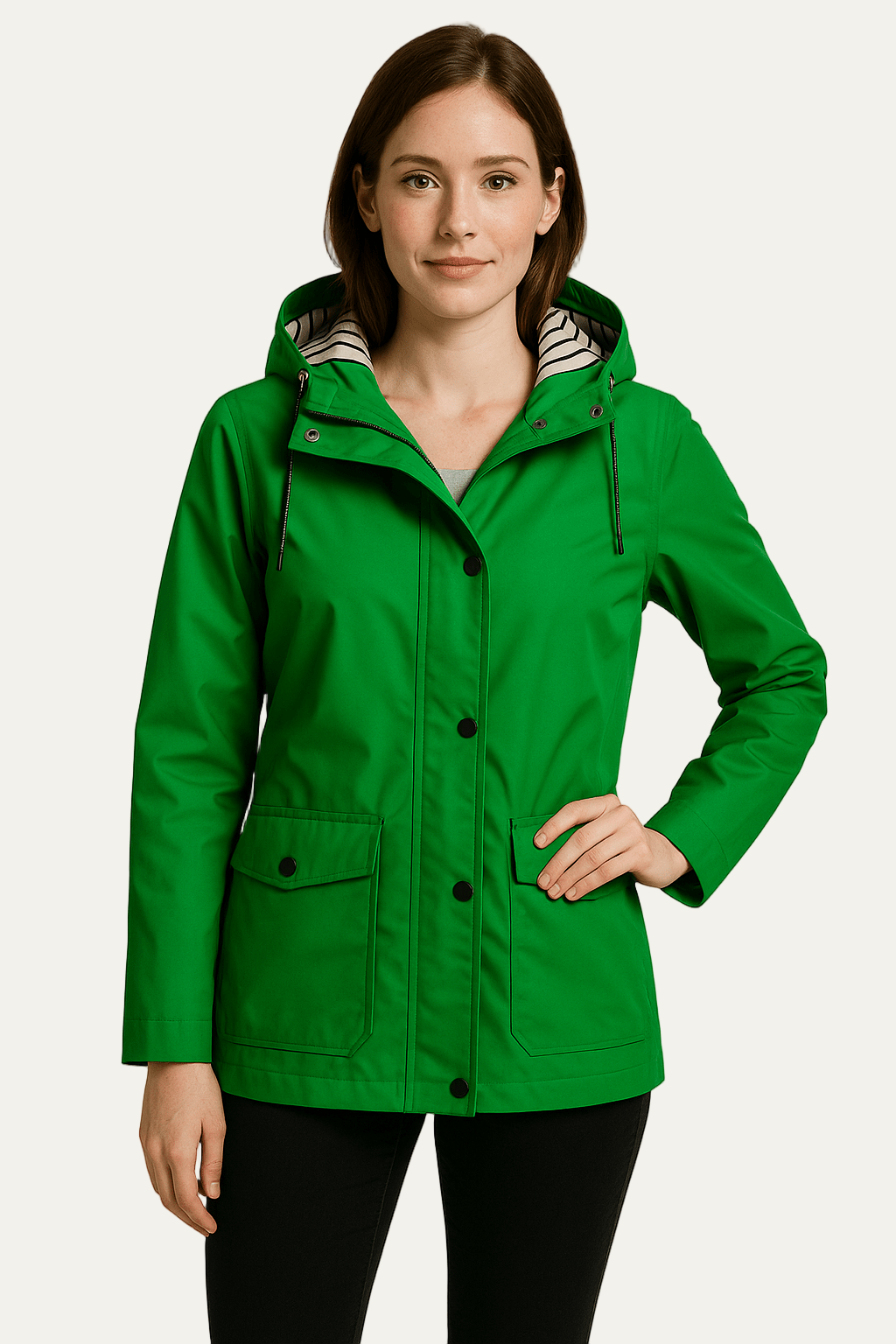 Womens Mid-Length Raincoat Waterproof Detachable Hood