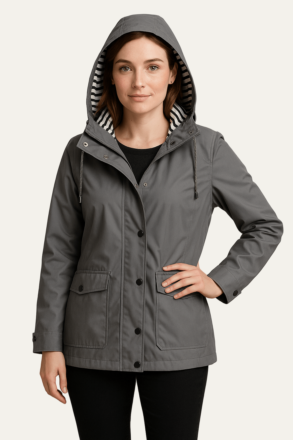 Womens Mid-Length Raincoat Waterproof Detachable Hood