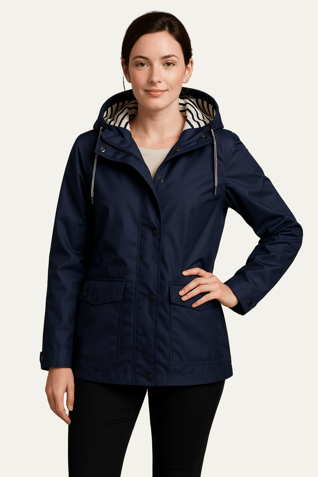 Womens Mid-Length Raincoat Waterproof Detachable Hood