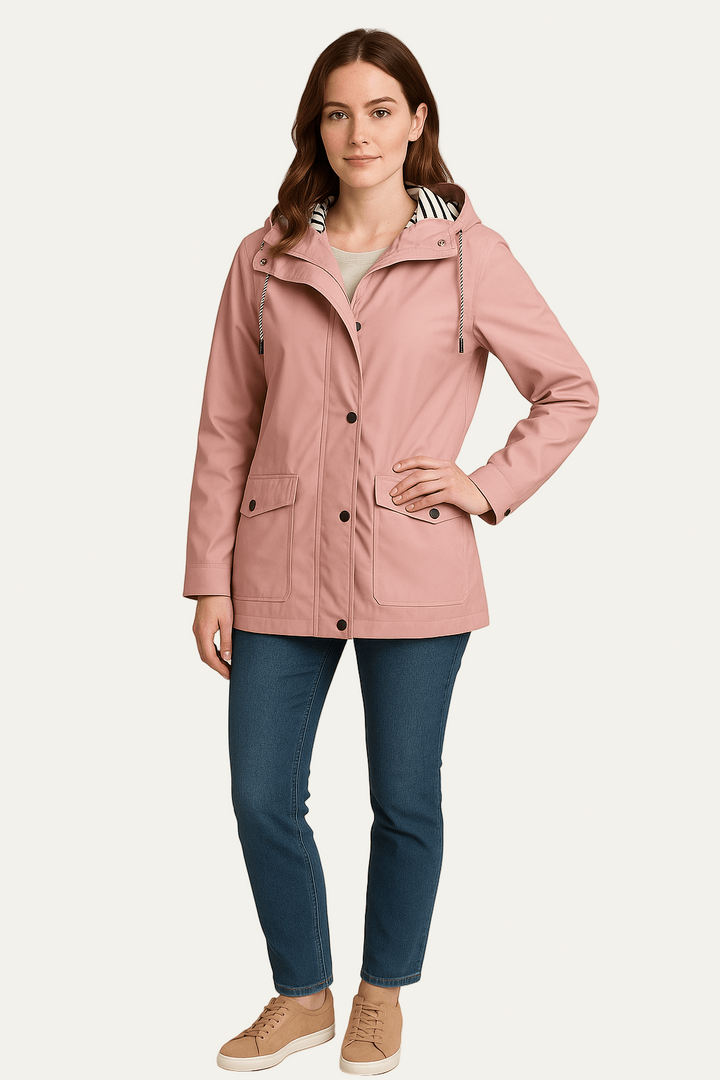 Womens Mid-Length Raincoat Waterproof Detachable Hood - BritishMode