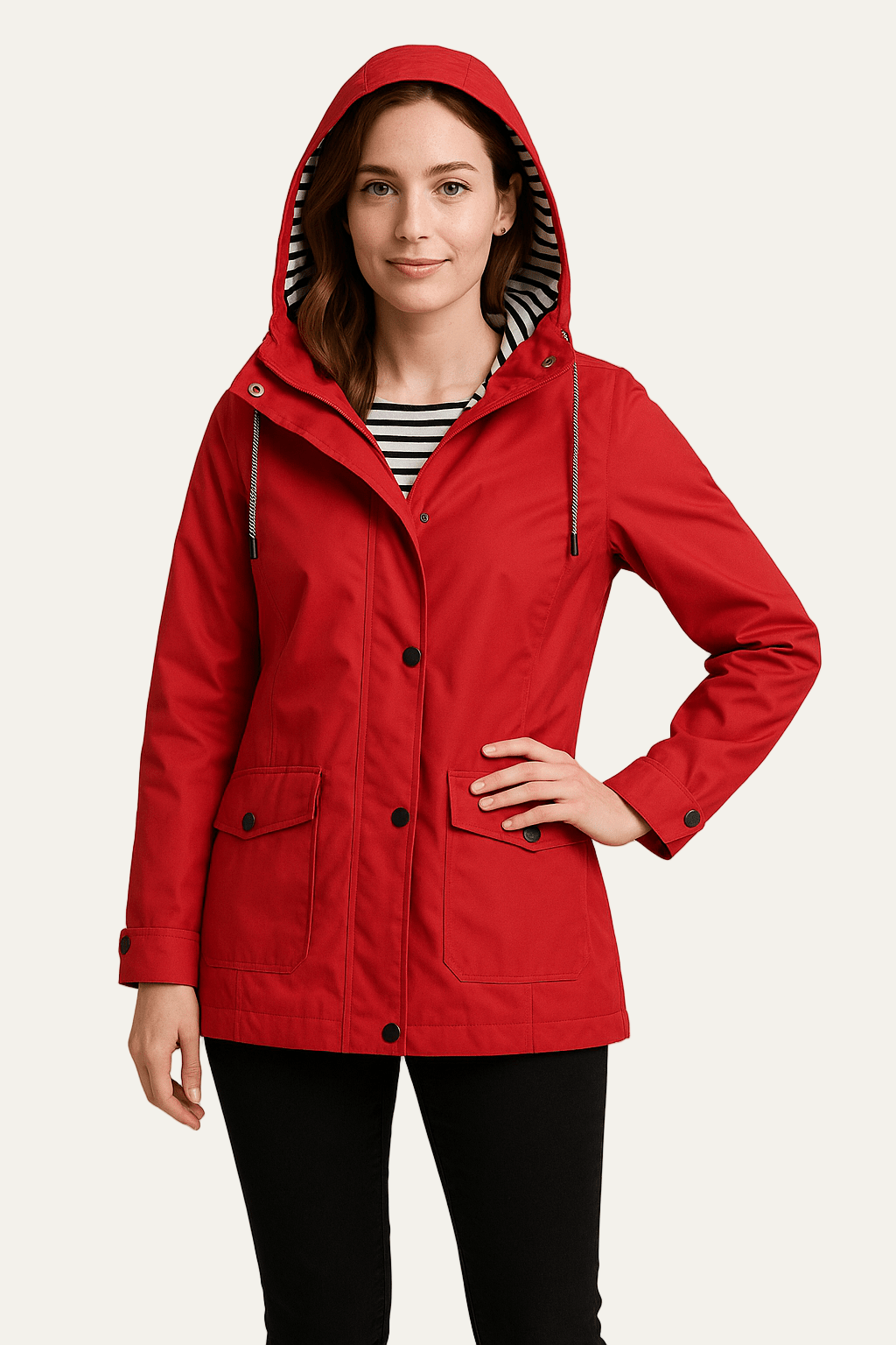 Womens Mid-Length Raincoat Waterproof Detachable Hood