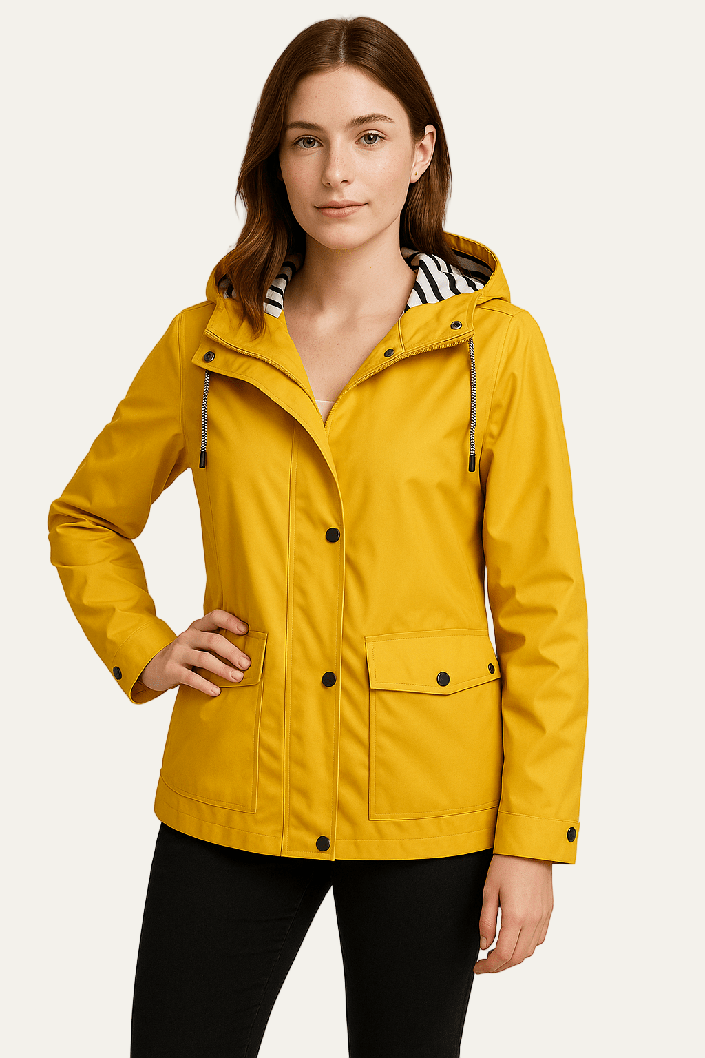 Womens Mid-Length Raincoat Waterproof Detachable Hood