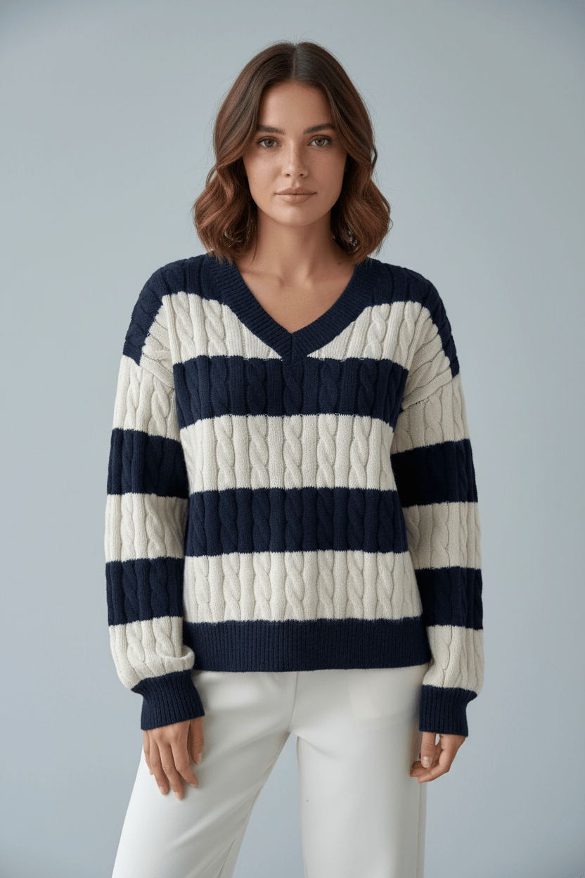 Womens Textured V-Neck Sweater Warm Classic Fit - BritishMode
