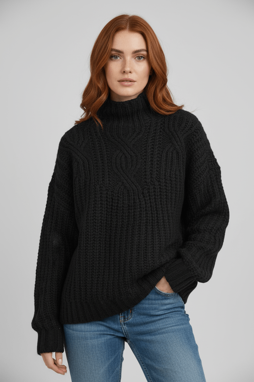 Womens Cable Knit Sweater High Neck Cozy Fit - BritishMode