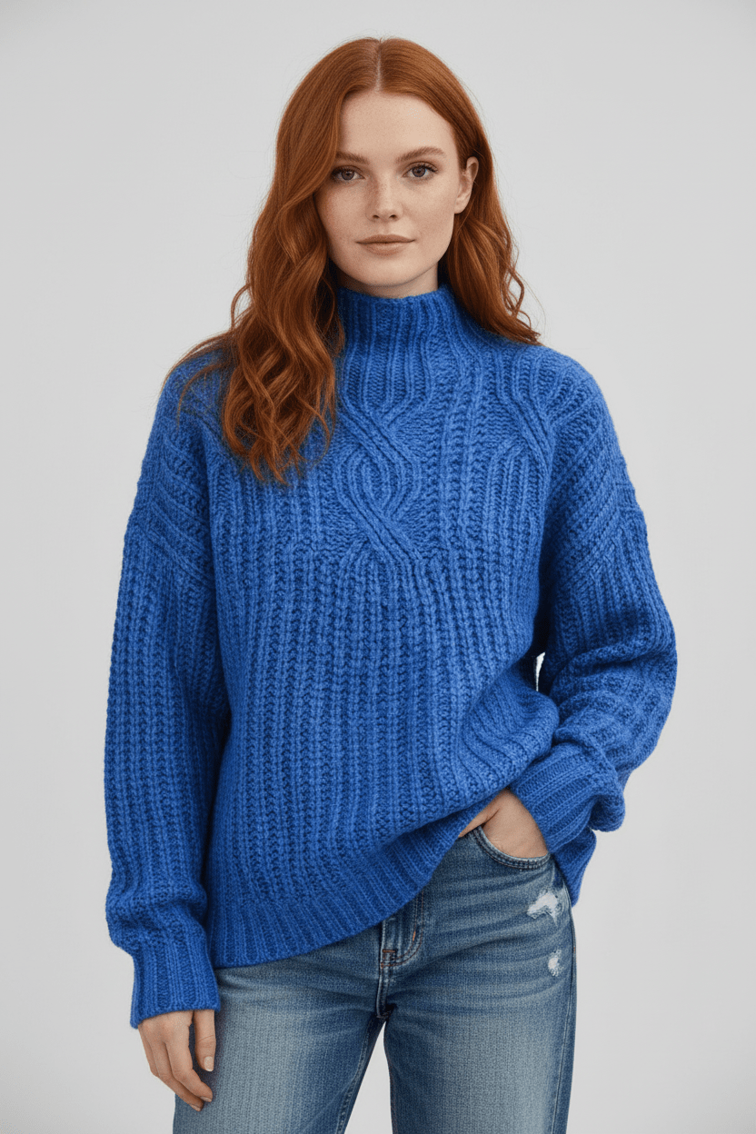 Womens Cable Knit Sweater High Neck Cozy Fit