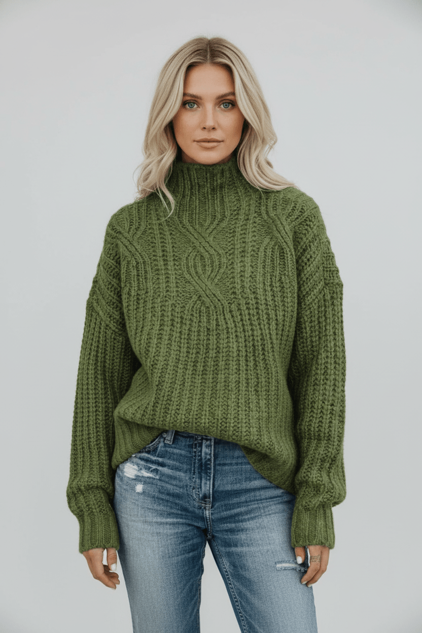 Womens Cable Knit Sweater High Neck Cozy Fit