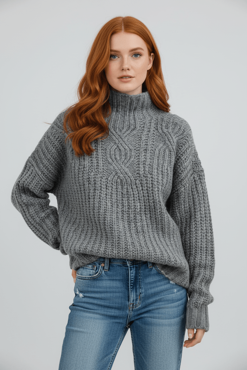 Womens Cable Knit Sweater High Neck Cozy Fit
