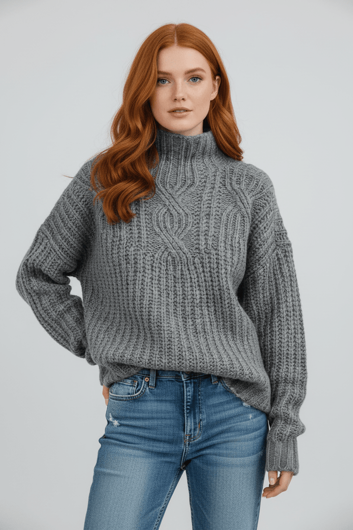 Womens Cable Knit Sweater High Neck Cozy Fit