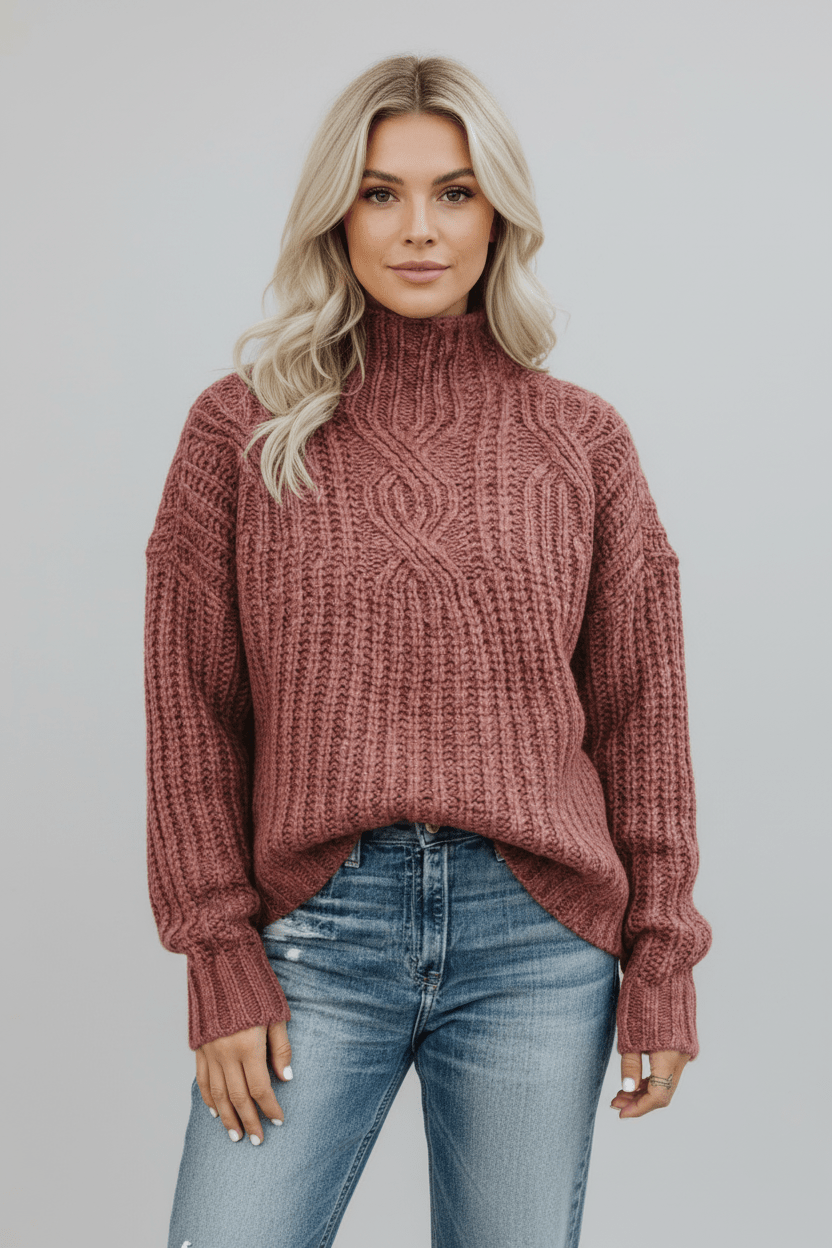 Womens Cable Knit Sweater High Neck Cozy Fit