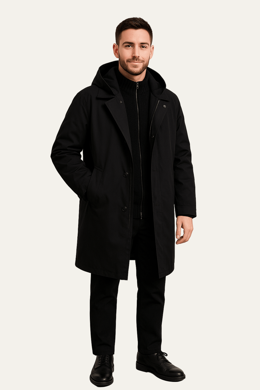 Mens Knee-Length Coat with Removable Hood - BritishMode