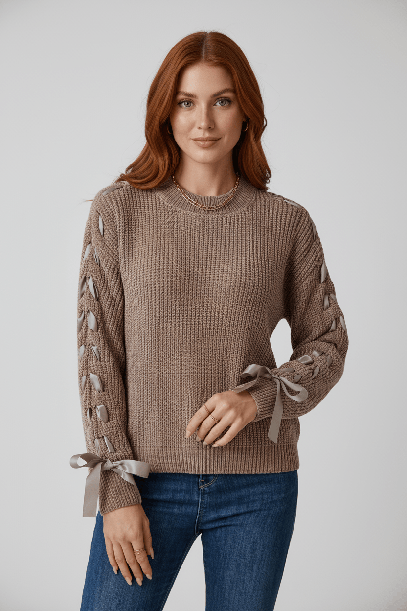 Womens Cable Knit Sweater Casual Fit with Tie Sleeve
