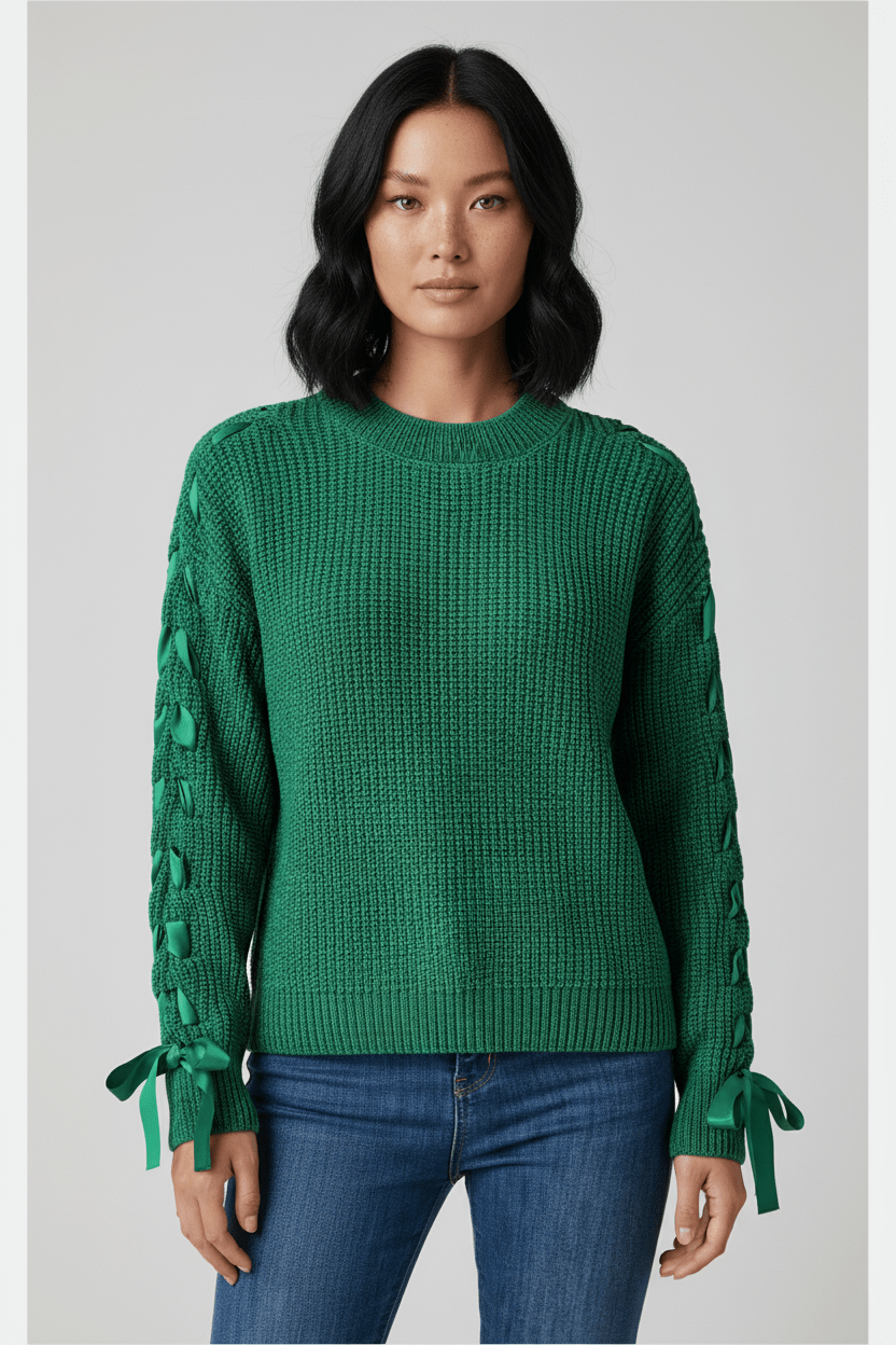 Womens Cable Knit Sweater Casual Fit with Tie Sleeve