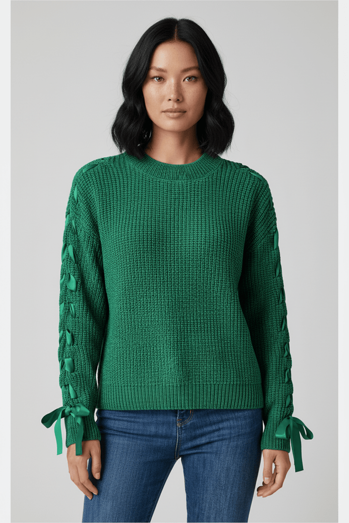 Womens Cable Knit Sweater Casual Fit with Tie Sleeve