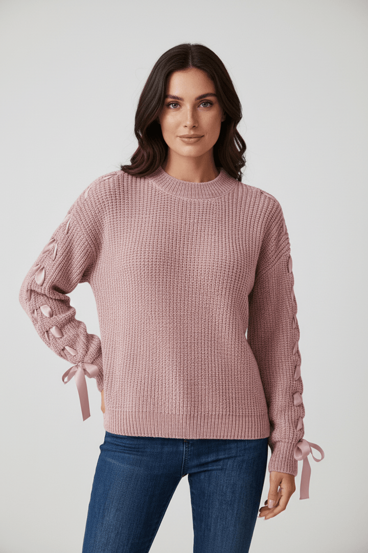 Womens Cable Knit Sweater Casual Fit with Tie Sleeve