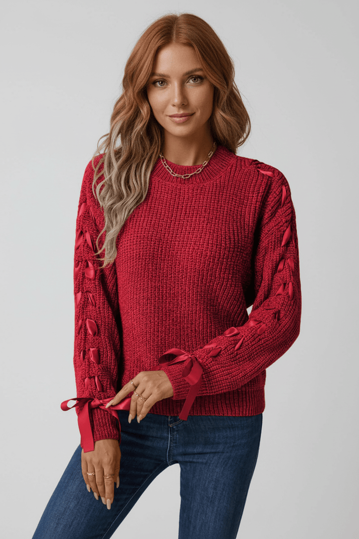 Womens Cable Knit Sweater Casual Fit with Tie Sleeve - BritishMode