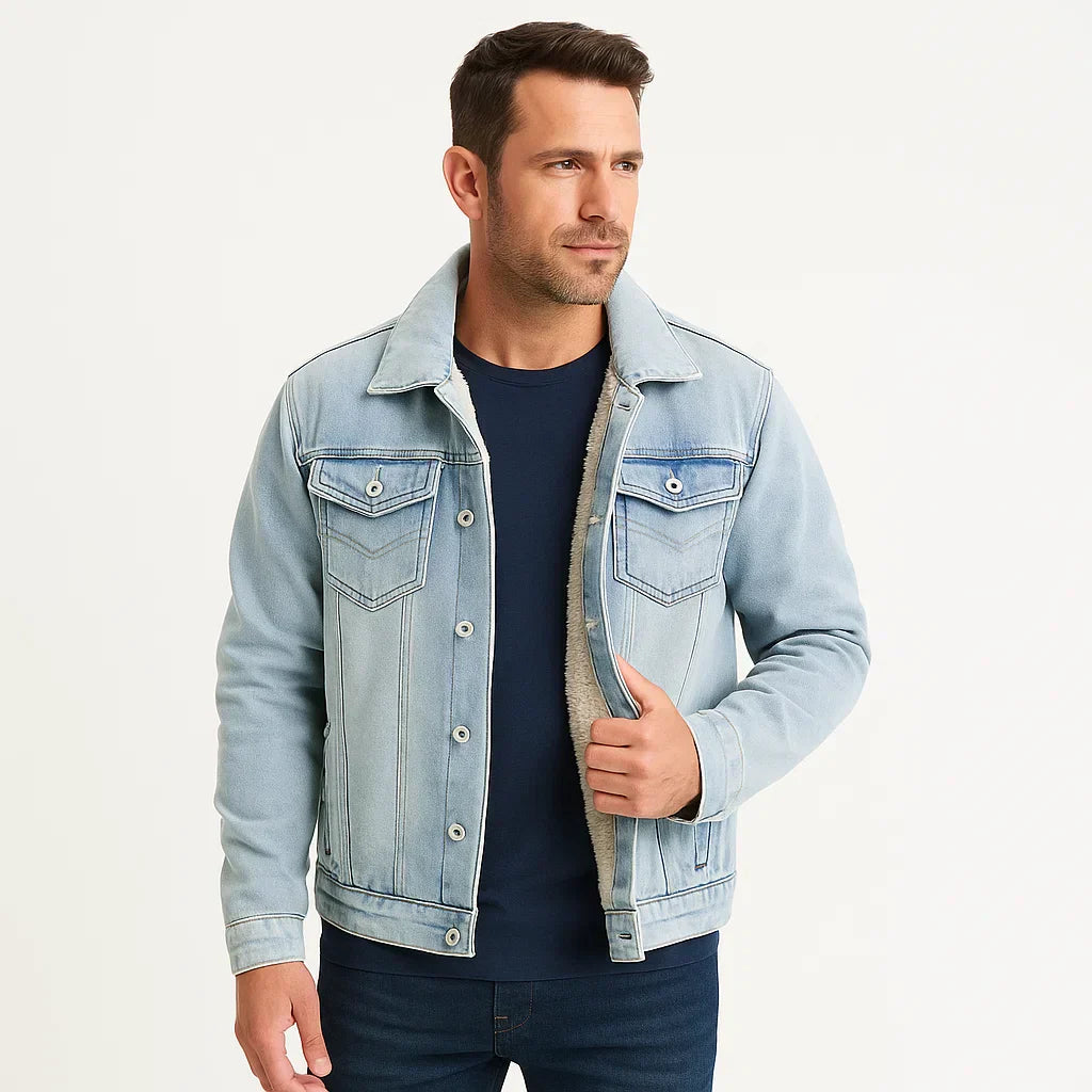 Mens Denim Trucker Jacket with Sherpa Lining and Fleece - BritishMode