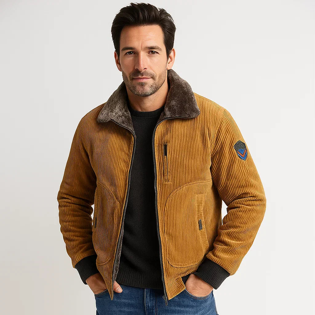 Mens Corduroy Bomber Jacket Plush Collar - BritishMode