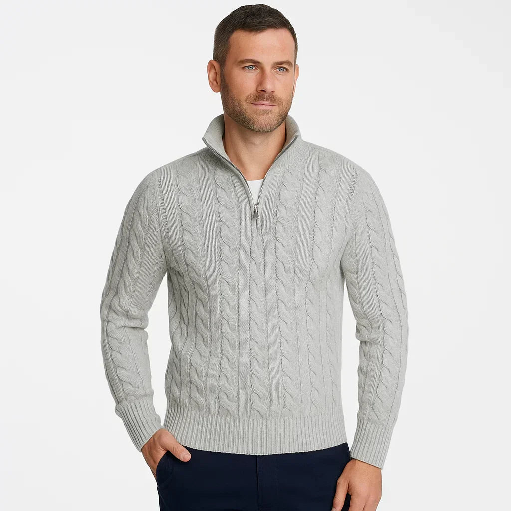 Mens Cable Knit Sweater Mock Neck Quarter Zip - BritishMode