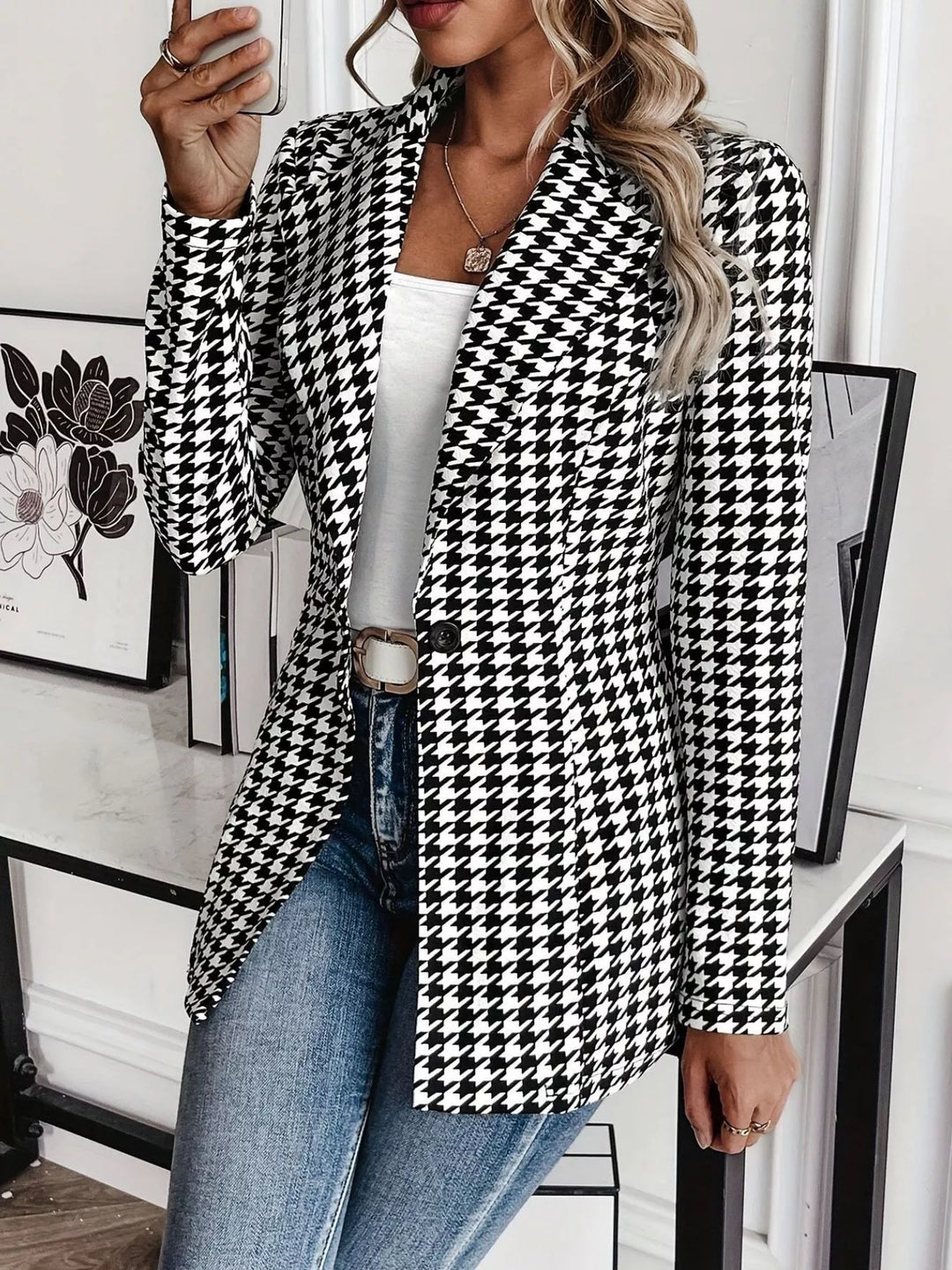 Womens Blazer Classic Pattern Notch Lapel - BritishMode