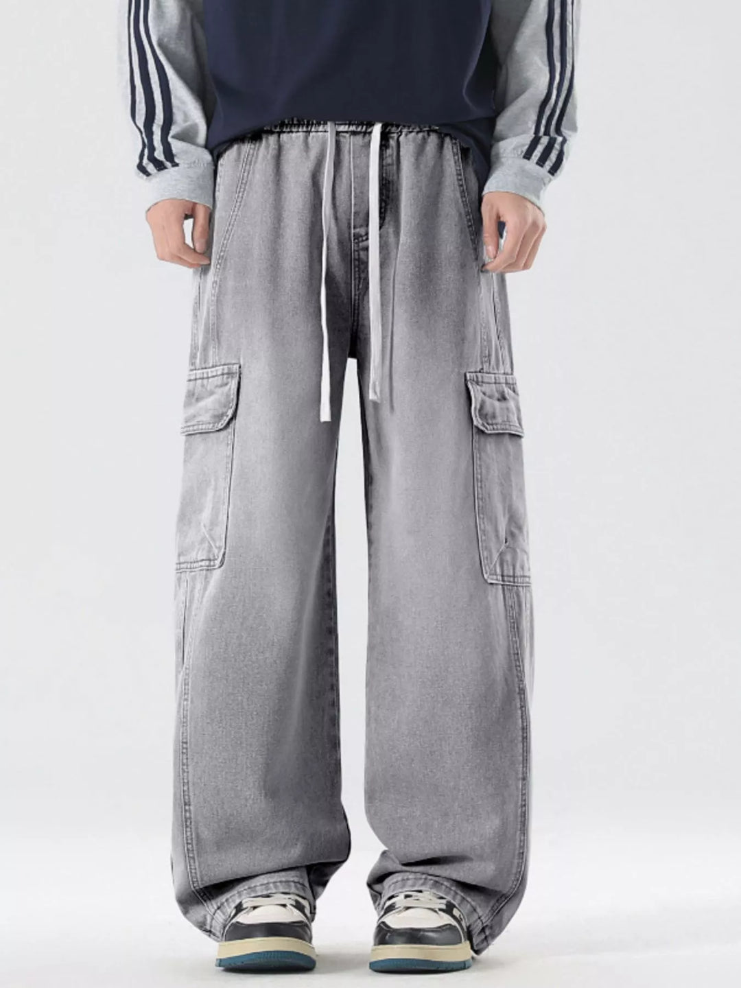 Mens Cargo Pants Relaxed Fit Elastic Waistband