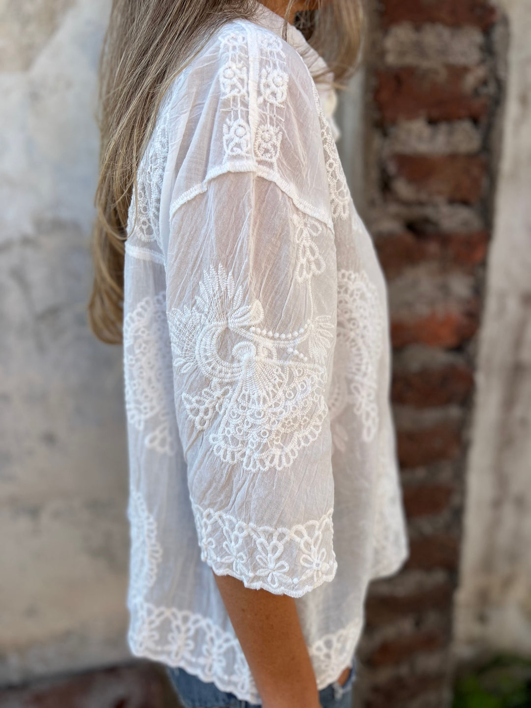 Womens Lace Blouse Embroidered Long Sleeve Button-Down