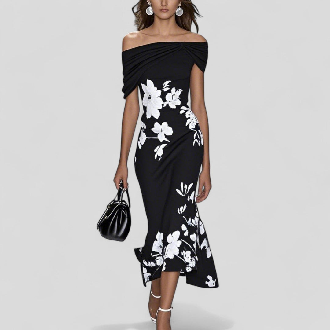 Womens Off Shoulder Midi Dress Floral Pattern Ruffle Hem