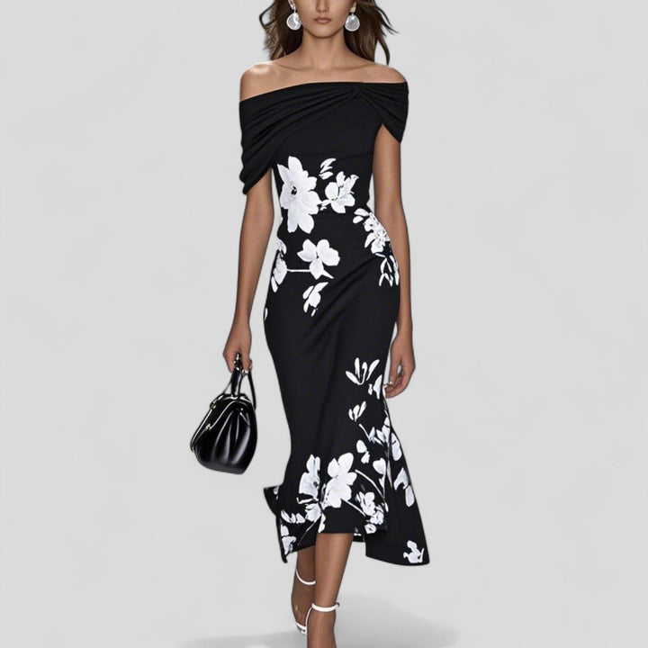 Womens Off Shoulder Midi Dress Floral Pattern Ruffle Hem