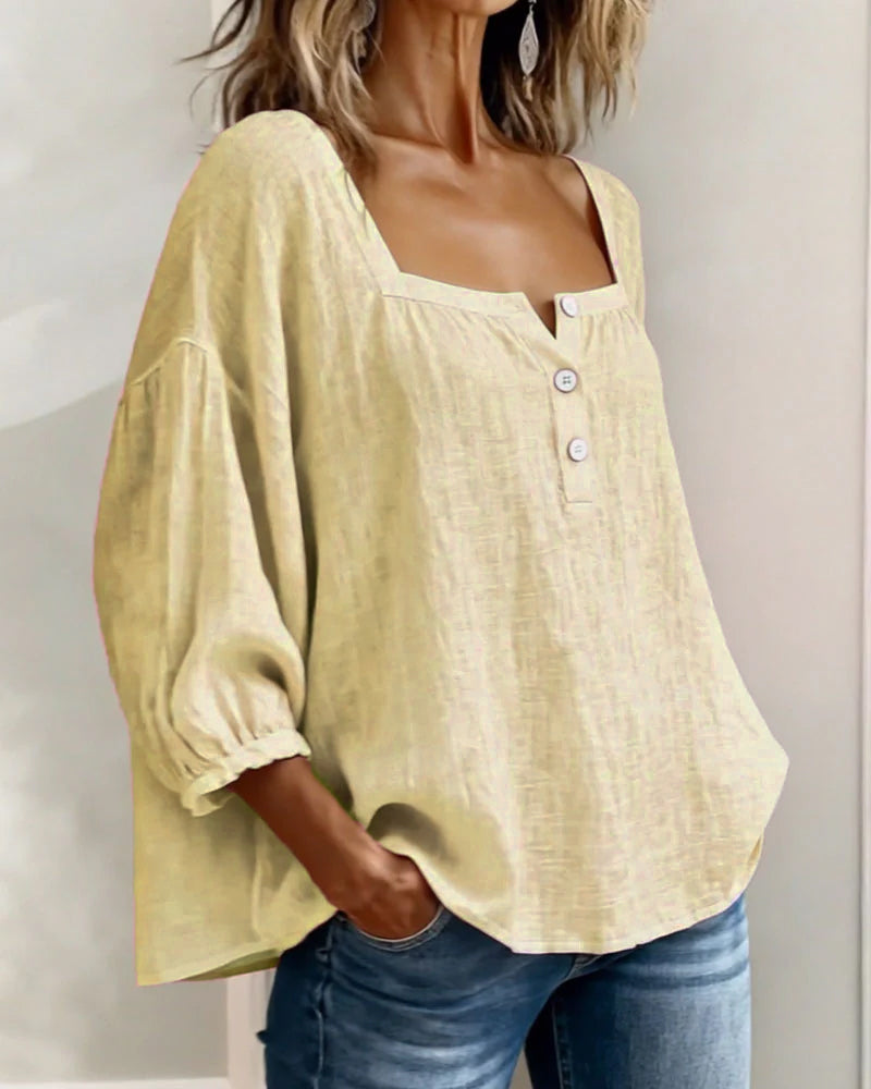 Womens Blouse Square Neck Puff Sleeve Button Front