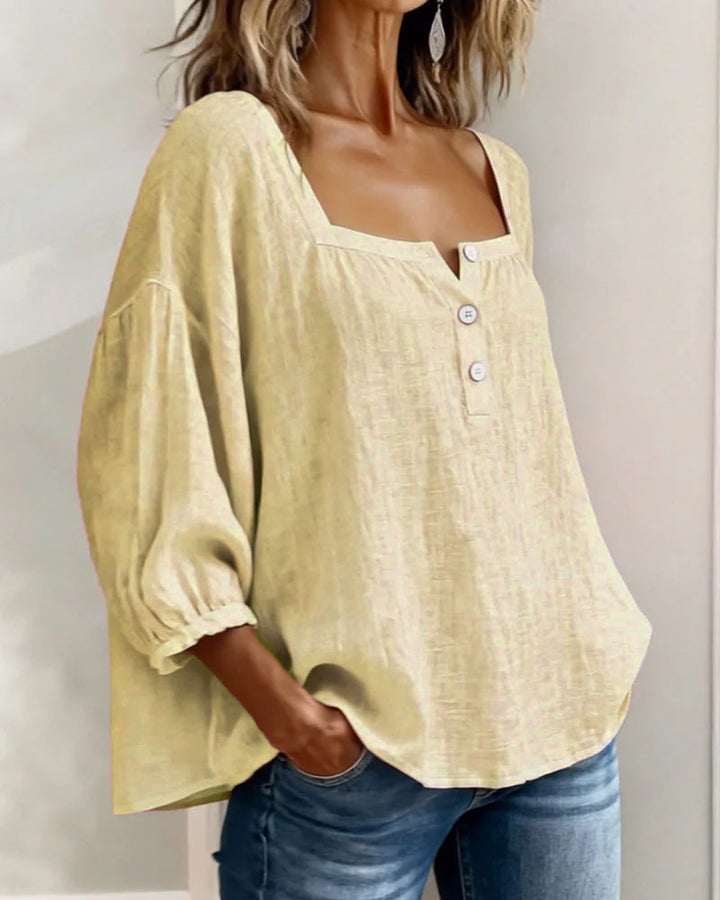 Womens Blouse Square Neck Puff Sleeve Button Front