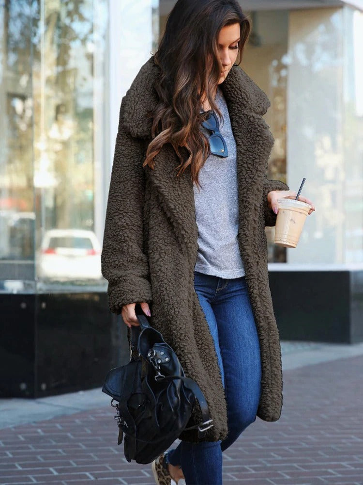 Womens Long Fleece Teddy Coat Soft Fit