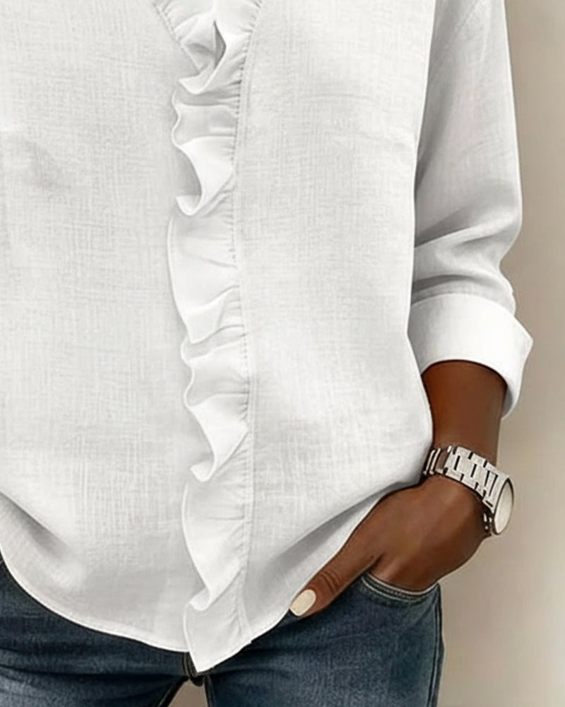 Womens Long Sleeve Blouse with Ruffle V-Neck Relaxed Fit