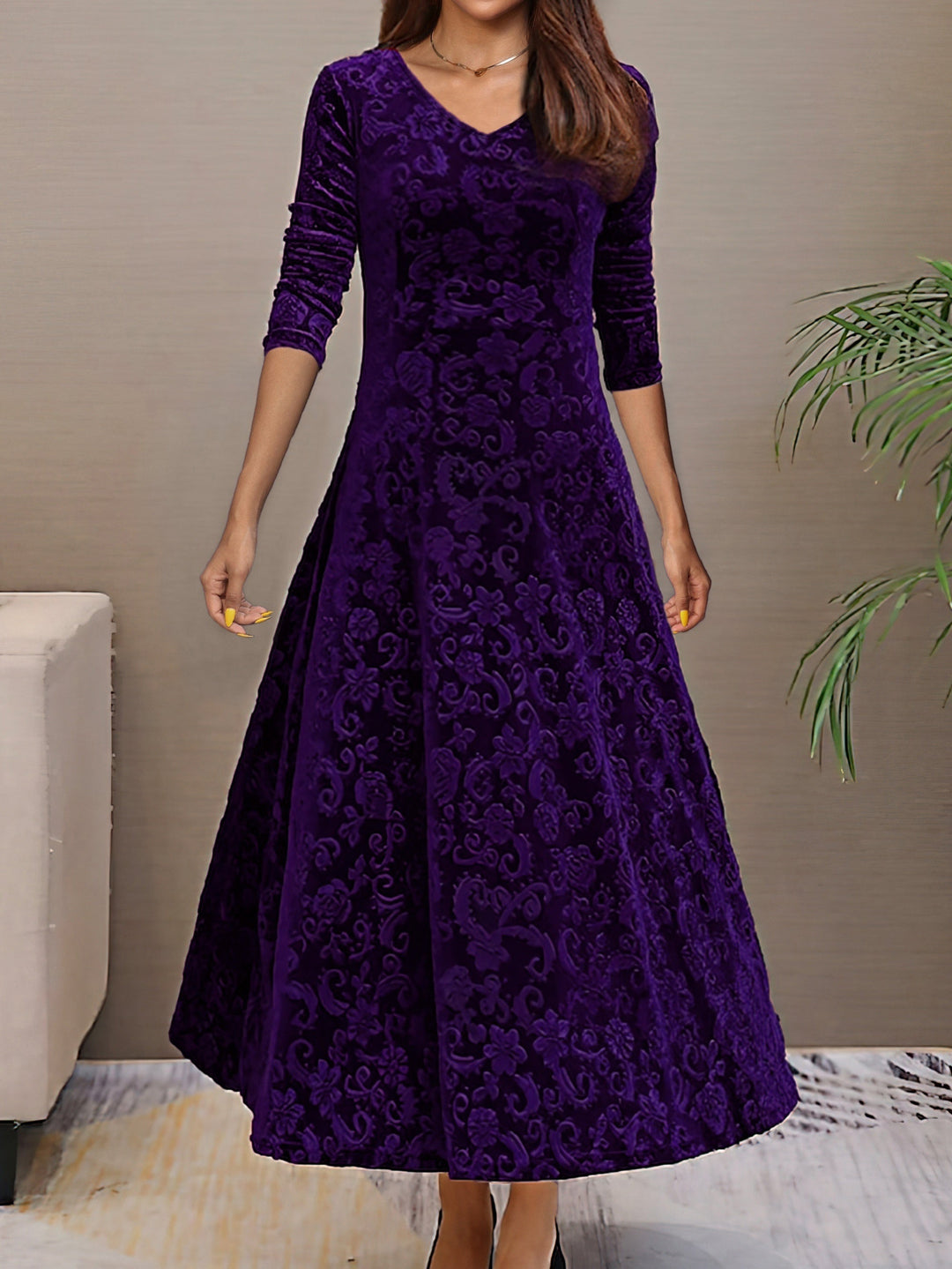 Womens Velvet Evening Dress Long Sleeve Elegant Fit