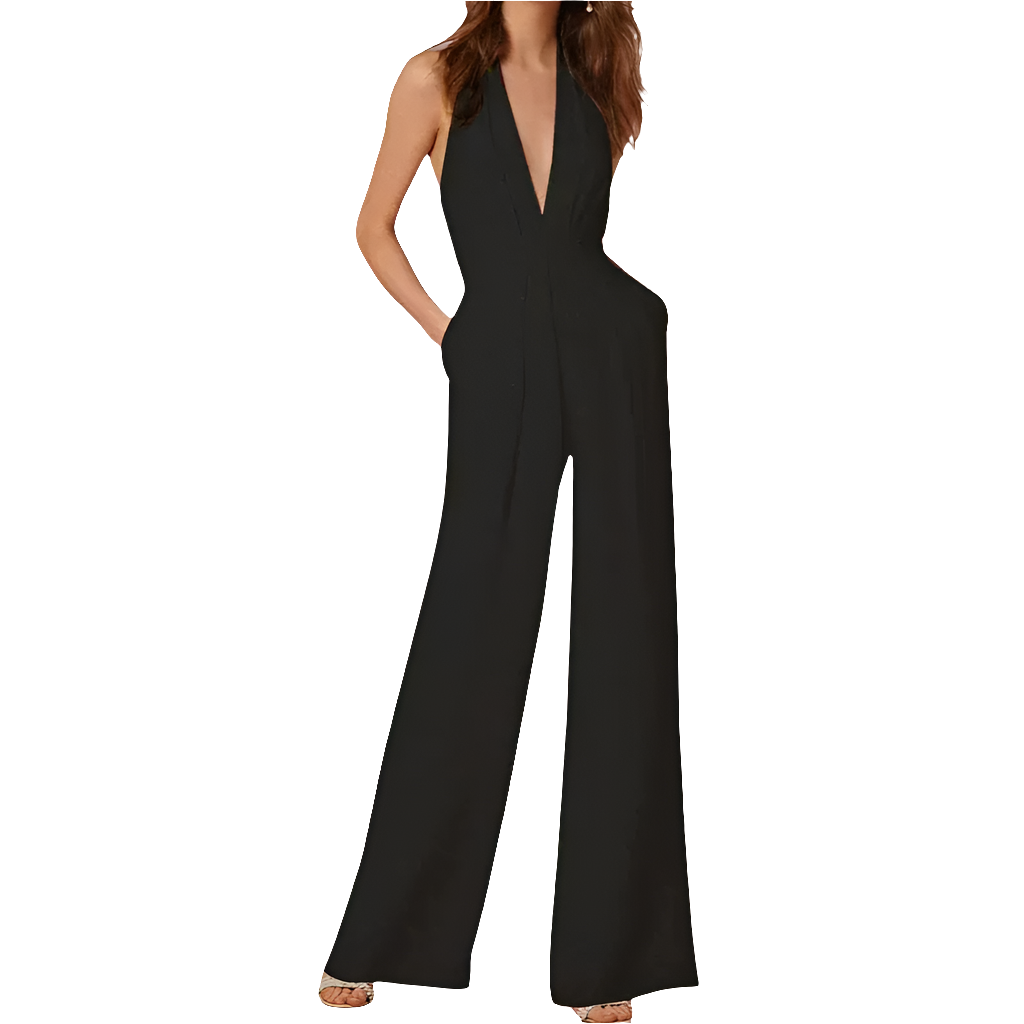 Womens Sleeveless Jumpsuit with Wide Legs and Deep V-Neck - BritishMode