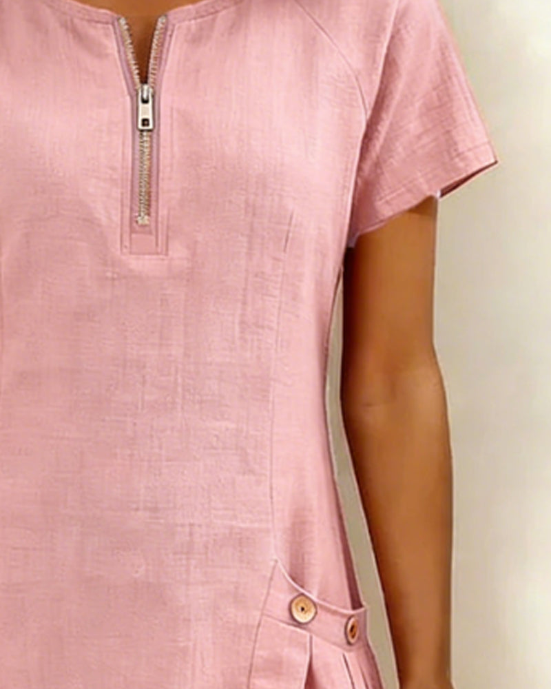 Womens Shift Dress Short Sleeve Zip Neck with Pockets