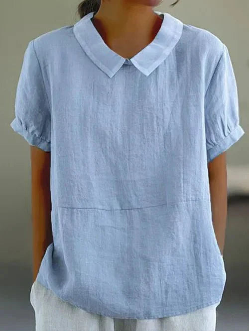 Womens Linen Blouse Breathable Summer Peter Pan Collar - BritishMode
