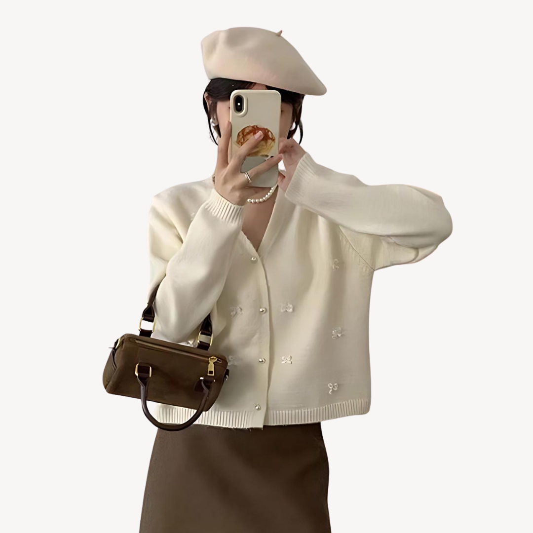 Womens Cardigan with Embroidery and Bow Detail - BritishMode