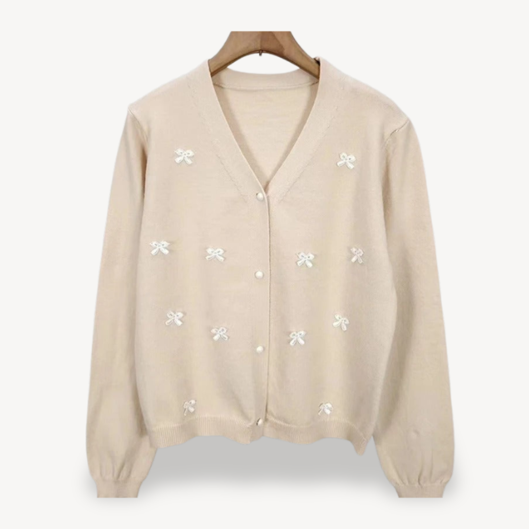 Womens Cardigan with Embroidery and Bow Detail