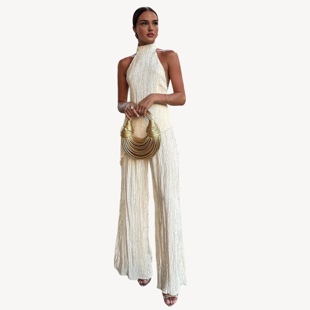 Womens Plissé Jumpsuit with Halter Neck Sleeveless - BritishMode