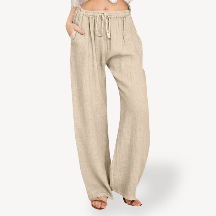 Womens Linen Wide-Leg Pants Drawstring Relaxed Fit
