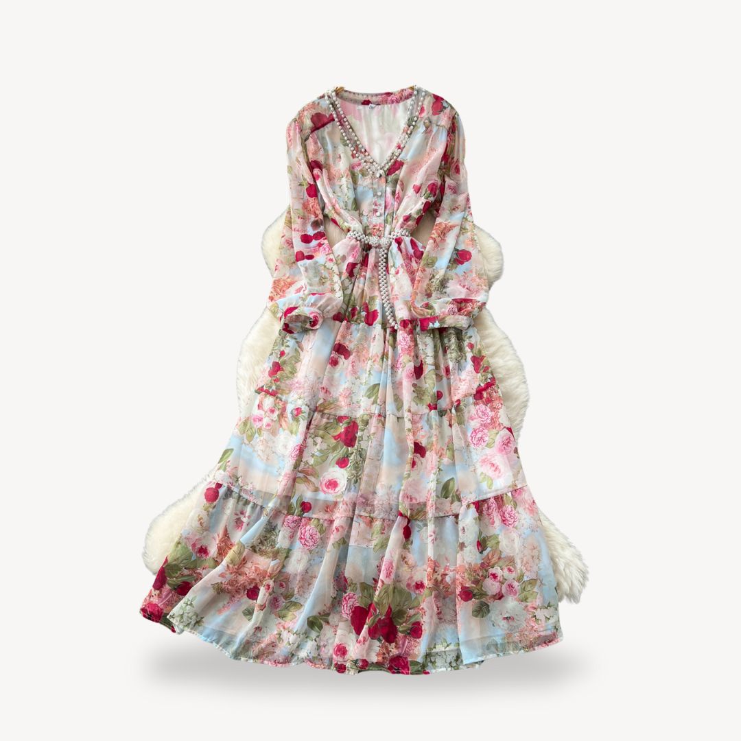 Womens Maxi Dress Floral Pattern Long Sleeve