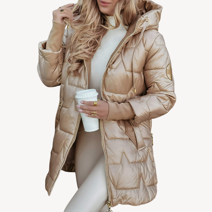 Womens Mid-Length Puffer Coat with Hooded Design