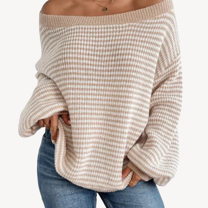 Womens Off-Shoulder Knit Sweater Striped Pattern