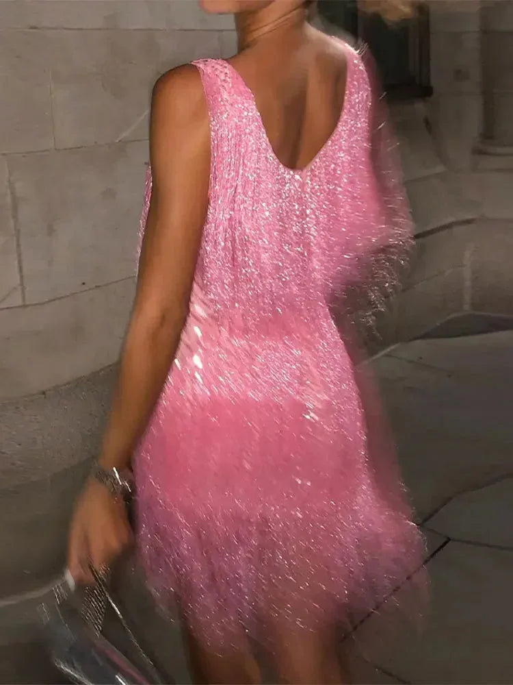 Womens Sleeveless Mini Dress with Sequin Fringe V-Neck