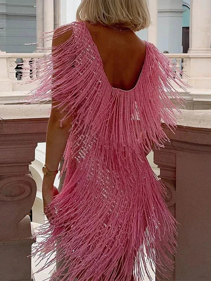 Womens Sleeveless Mini Dress with Sequin Fringe V-Neck