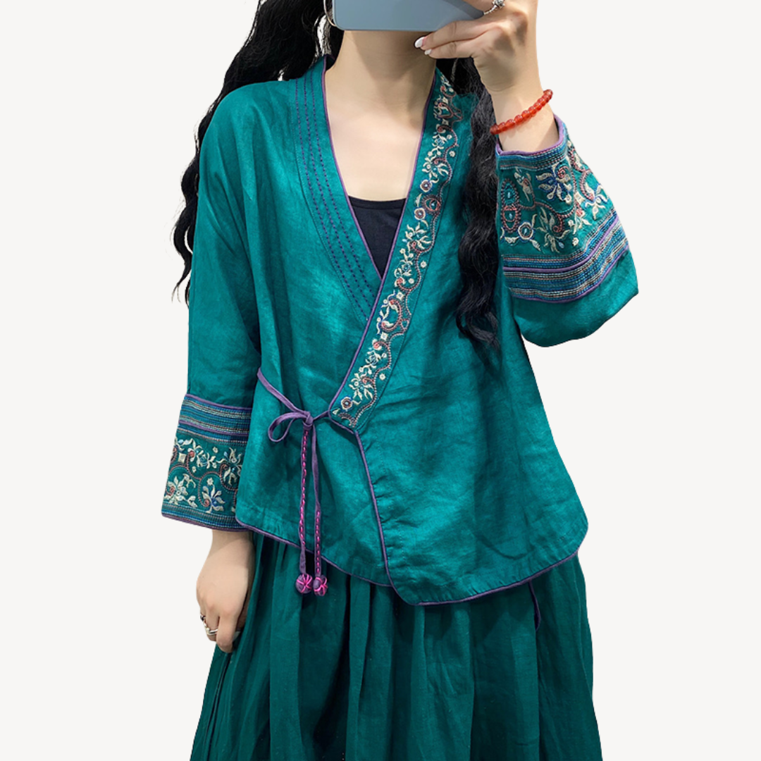 Womens Kimono Jacket Linen Blend Embroidered